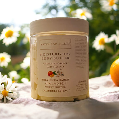 Organic Body Butter Chamomile Sweet Orange with Shea Cocoa Mango butters, Coconut Almond Jojoba oils, Vitamins D B3